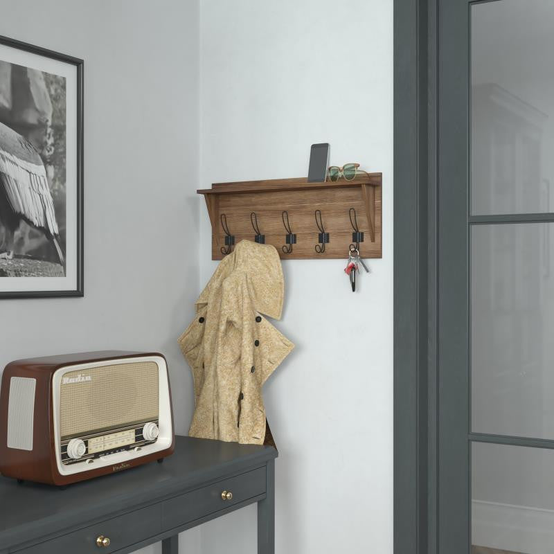 Daly Wall Mounted Solid Pine Wood Storage Rack With Upper Shelf and 5 Hooks, Weathered Brown