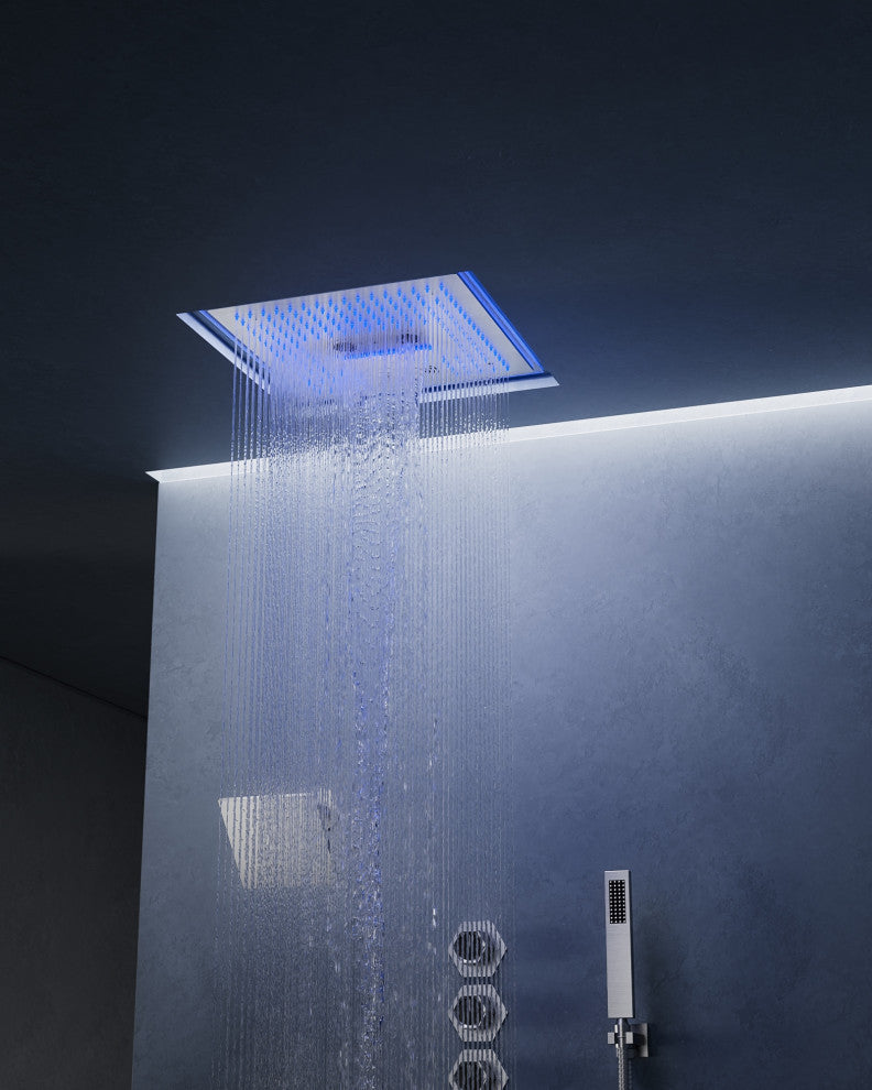 Music Shower System 16x6"Rainfall LED Shower Head With4 Way Thermostatic Faucet, Brushed Nickel