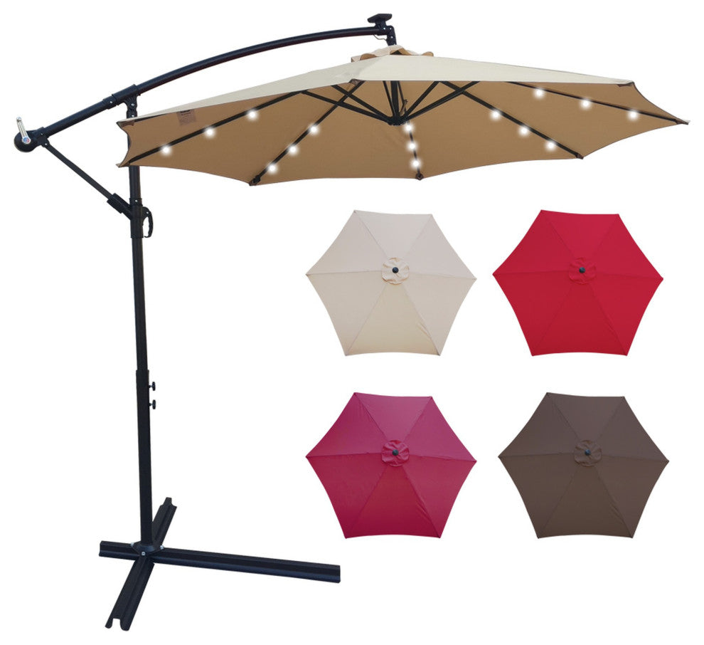 10' Steel Patio Umbrella Outdoor Market With Crank and LED Lights, Tan