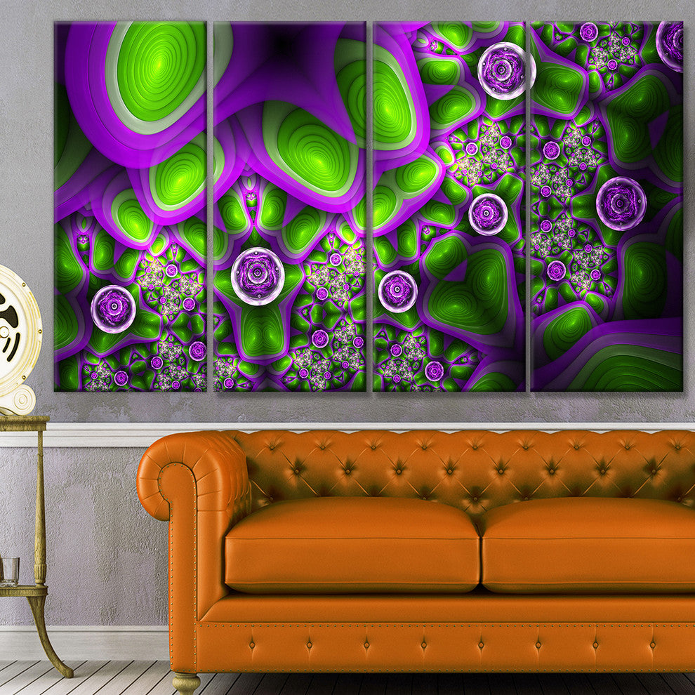 Green Purple Exotic Pattern, Abstract Wall Art Canvas, 48"x28", 4 Panels