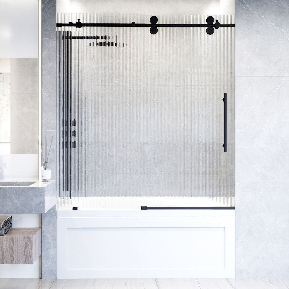 VIGO Elan 56" to 60" W x 66" H Frameless Sliding Tub Door, Right, Fluted Glass