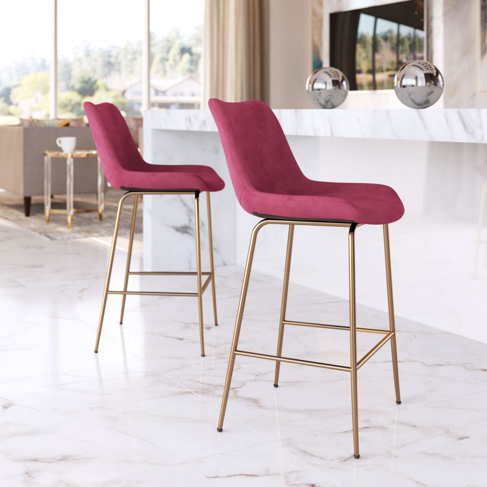 Counter Stool Chair, Steel Metal, Fabric, Red, Gold, Bar Kitchen Cafe Bistro