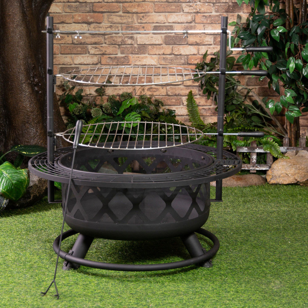 33" Diameter Outdoor Steel Woodburning Fire Pit Grill and Rotisserie