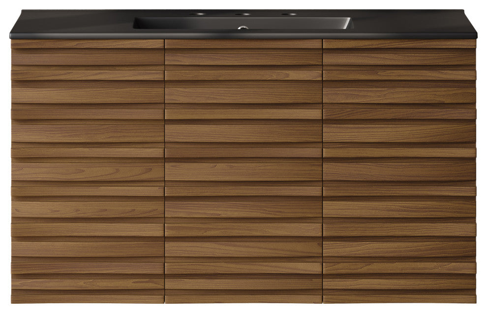 Cascade 36" Wall-Mounted Bath Vanity, Brown Oak, Black Widespread Sink Top