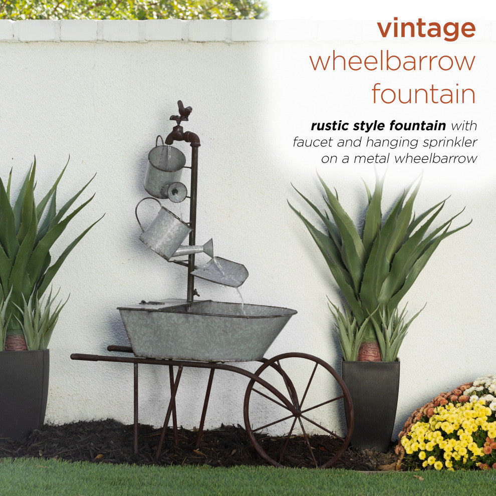 Metal Watering Can Wheelbarrow Fountain