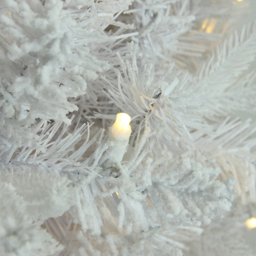 Flocked White Pine Slim Christmas Tree, White LED Lights, 9'x49"