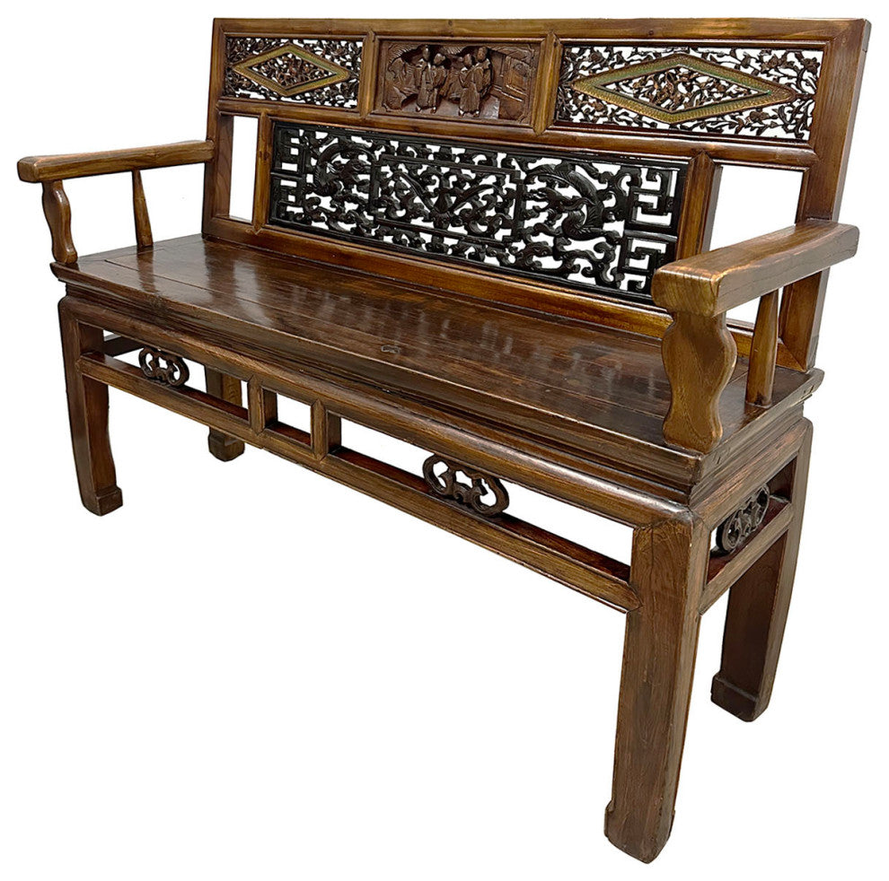 Consigned Late 19th Century Chinese Carved Hall Bench, Love Seat