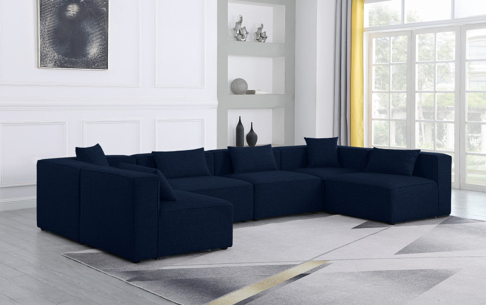Cube Upholstered Modular Sectional, Navy, 6-Piece: 4 Armless Chair, 2 Corner Chair, Linen Texured Fabric