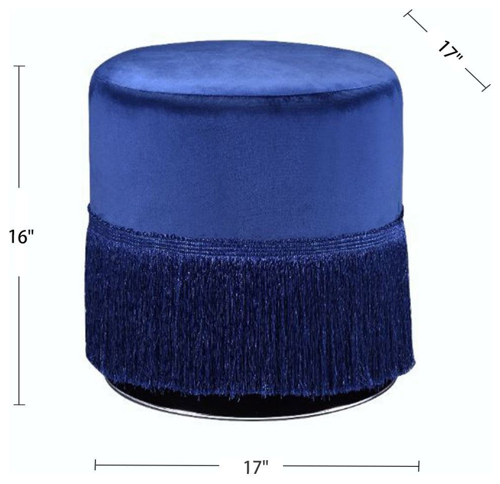 Round Ottoman With Fringe Base, Midnight Blue