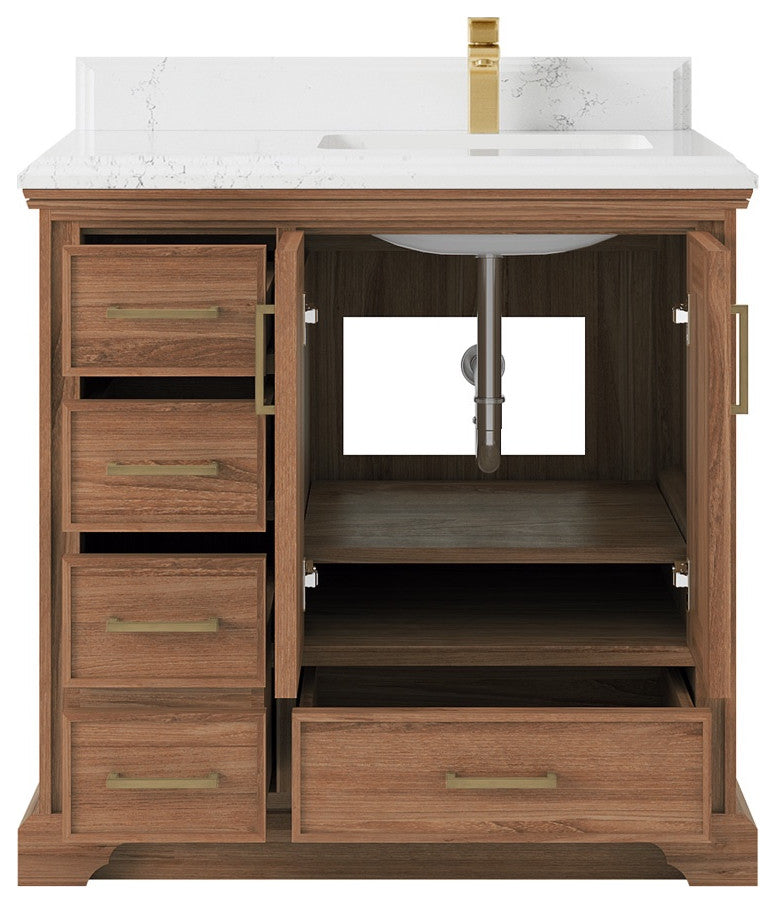 Charlotte Teak 36" Bathroom Vanity Right Offset Dark Natural 1.5" Empira Quartz