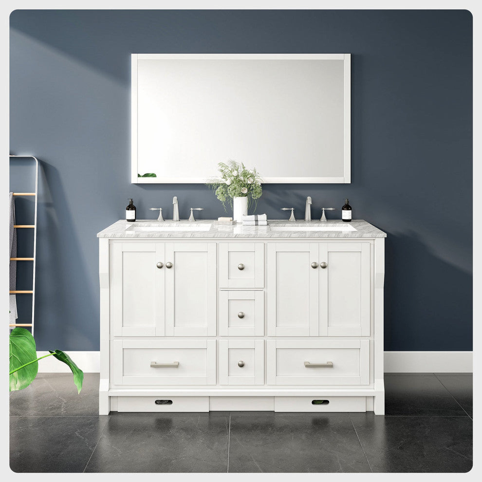 Eviva Booster 60 in. Double Sink Vanity in White White Carrara Marble Countertop