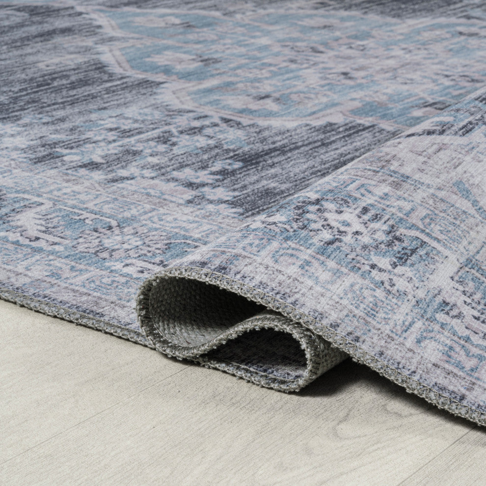 Wincer Chenille Cottage Medallion Washable Rug, Gray/Blue/White, 8 X 10