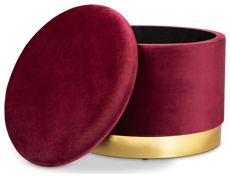 Marisa Glam and Luxe Red Velvet Fabric Upholstered Gold Finished Storage Ottoman