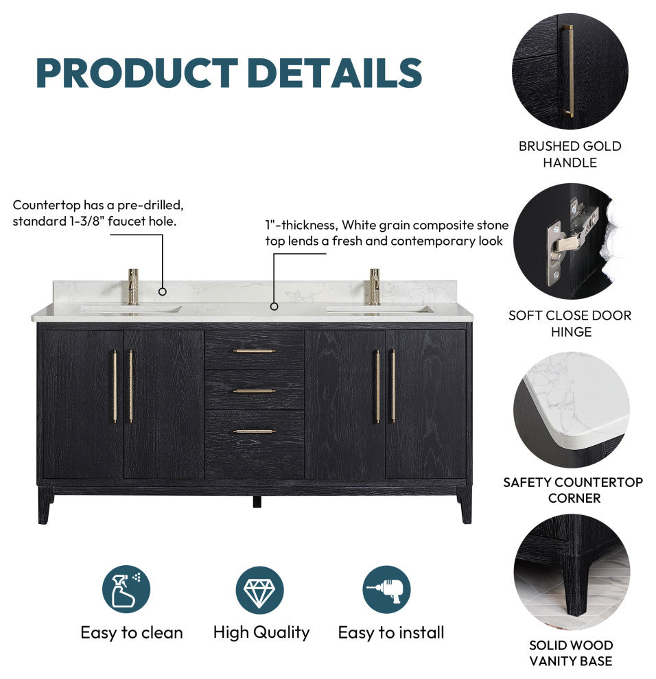 Gara Bath Vanity, Stone Top, Fir Wood Black, 72", Double Vanity, No Mirror