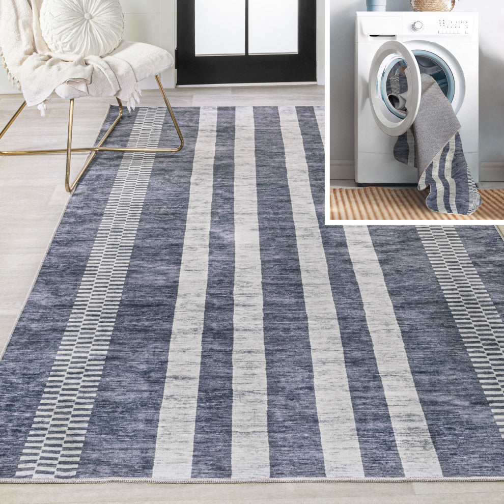 Vichy Geometric Striped Machine-Washable Area Rug, Slate Gray/Ivory, 8 X 10