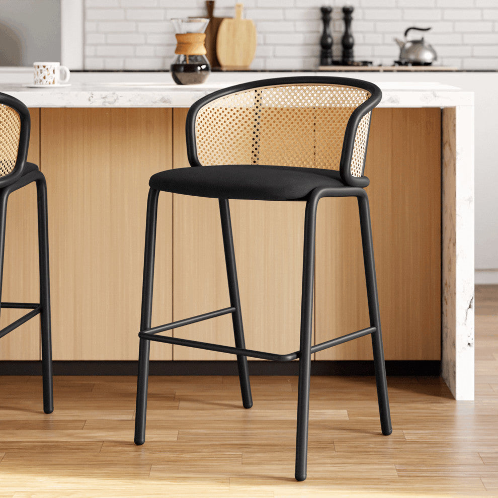 LeisureMod Ervilla Wicker Bar Stool With Black Powder Coated Frame, Black