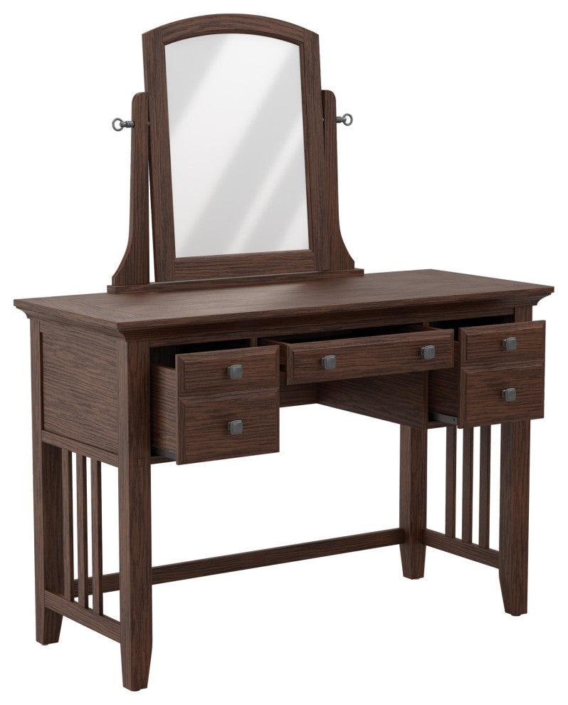 Traditional Vanity Set, 360 Swiveling Beveled Mirror & 3 Storage Drawers, Oak