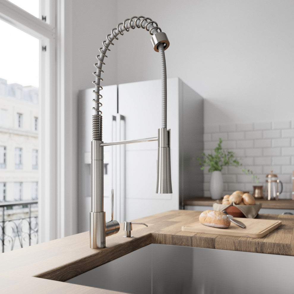VIGO Laurelton 22" H Single Handle Pull-Down Sprayer Kitchen Faucet, Stainless Steel, With Soap Dispenser