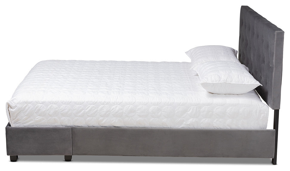 Modern Grey Velvet Fabric Upholstered 2-Drawer Queen Size Platform Storage Bed