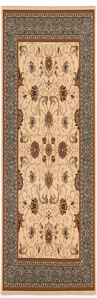3"x10" Cream and Blue Traditional Runner Rug