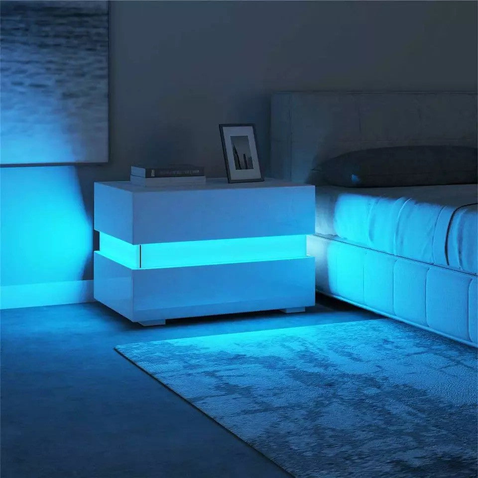 Modern LED Light Nightstand w/2 Drawers with 20 Colors, White