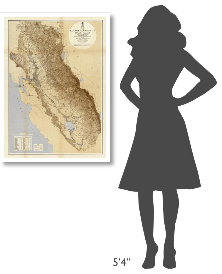 "Map of The San Joaquin, Sacramento and Tulare Valleys, 1873" Paper Art, 28"x38"