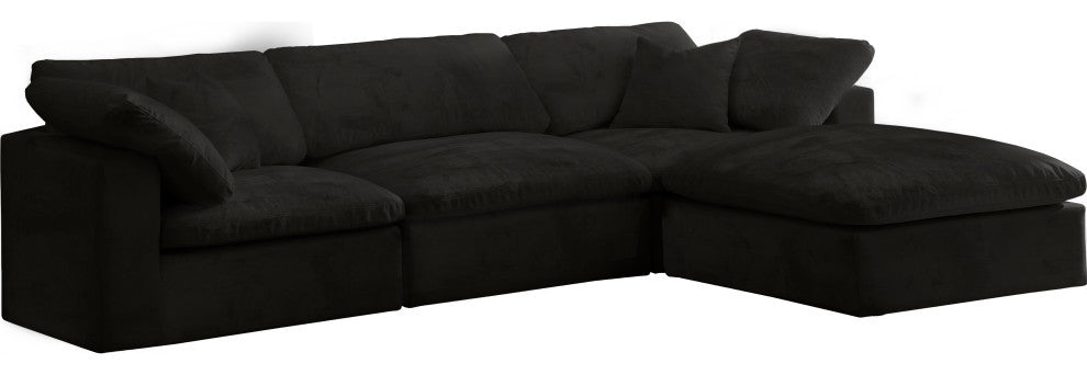 Cozy Velvet Upholstered Comfort L-Shaped Modular Sectional, Black, 4-Piece: 1 Armless Chair, 2 Corner Chair, 1 Ottoman