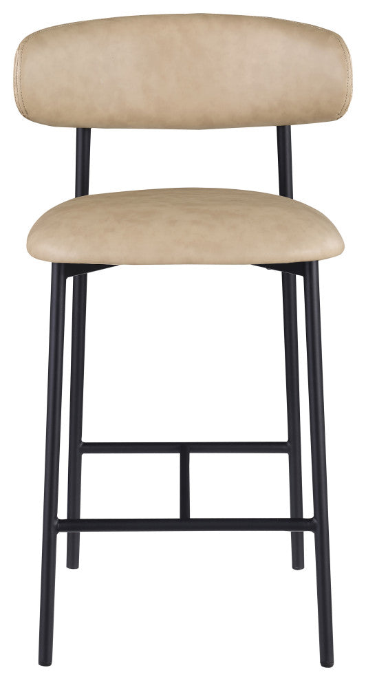 Lupita Upholstered Counter Stool, Tan, Vegan Leather, Matte Black, Set of 2
