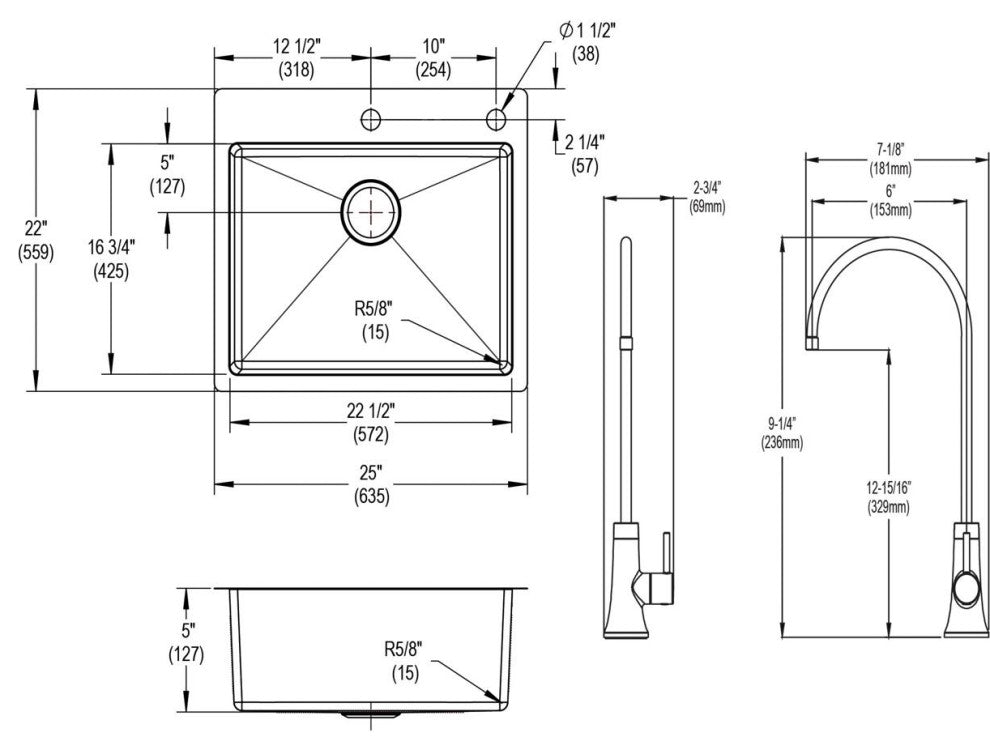 Stainless Steel 25 x 22 x 9 Single Dual Mount Sink, Filtered Beverage Faucet Kit