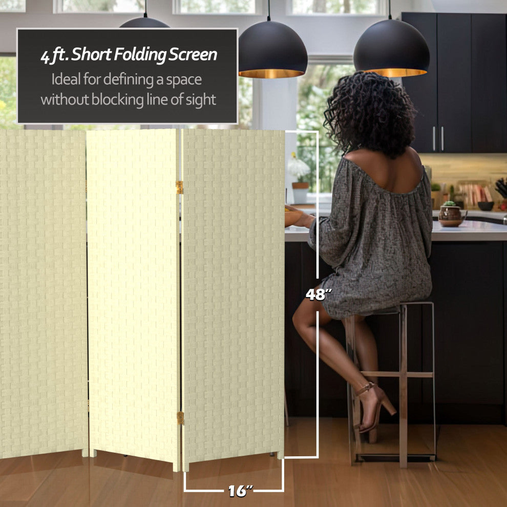4' Tall Woven Fiber Room Divider, Cream, 4 Panel