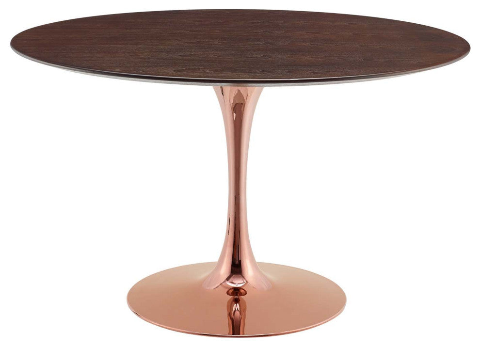 Dining Table, Round, Wood, Rose Gold Dark Brown Brown Walnut, Modern, Bistro