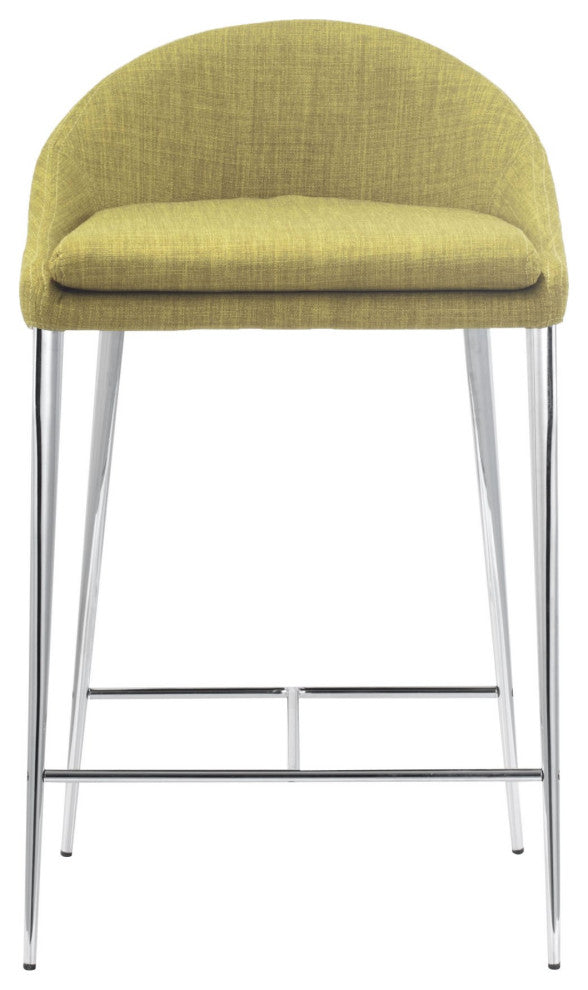 Counter Stool Chair, Set of 2, Steel Metal, Fabric, Pea Green, Chrome