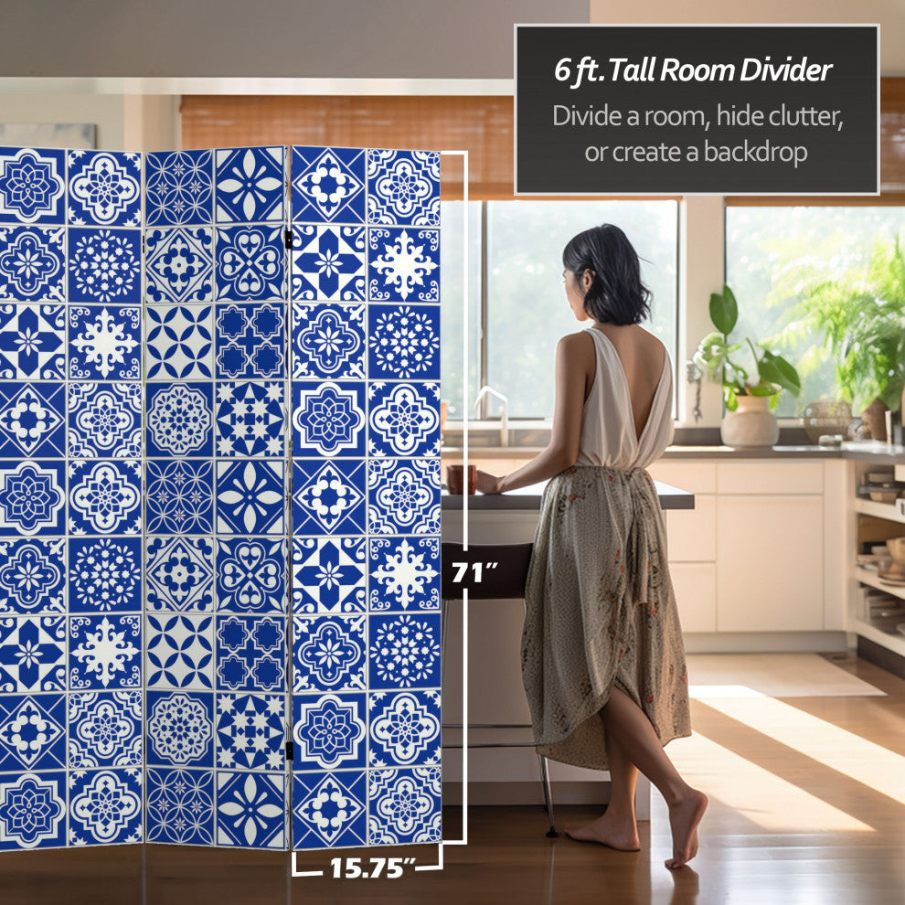 6' Tall Double Sided Blue and White Tile Canvas Room Divider