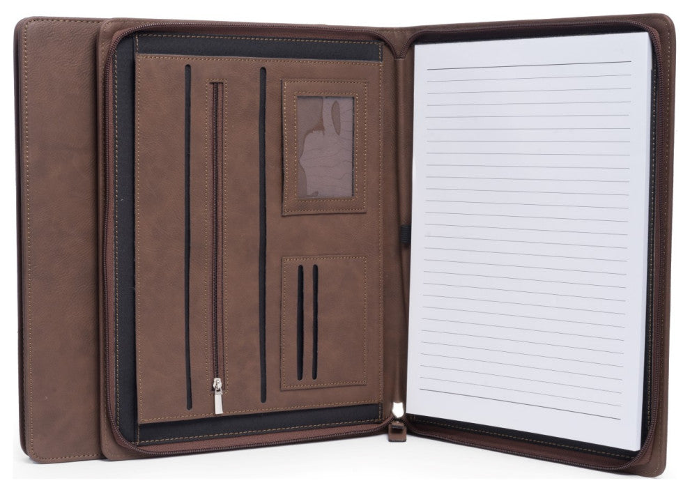 Multi Compartment Business Padfolio/Portfolio, Zipper Closure, Brown