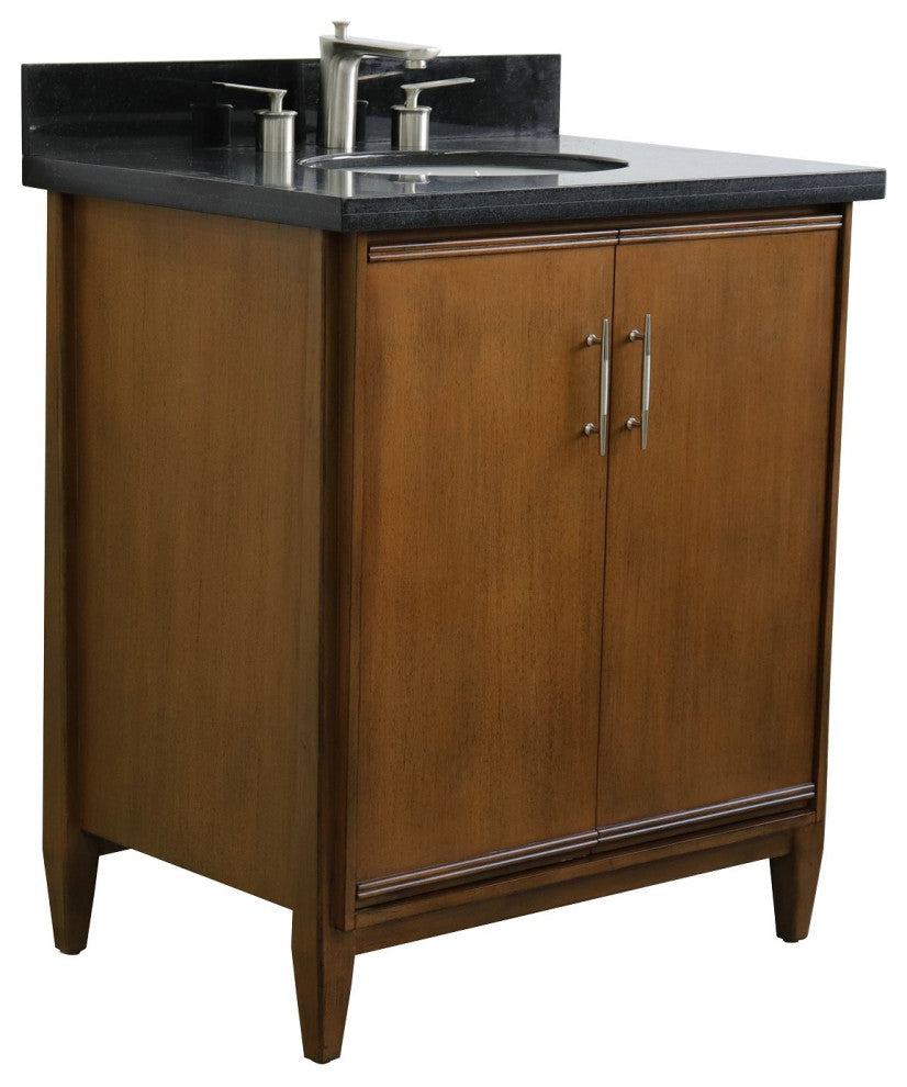 31" Single Sink Vanity, Walnut Finish, Black Galaxy Granite With Oval Sink