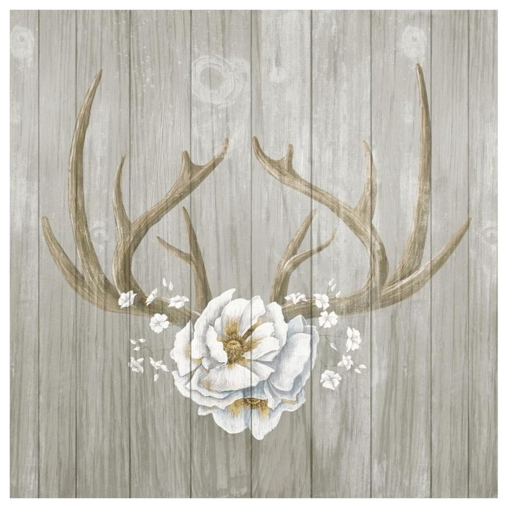 "Antlers and Poppies II Sq Greige" Digital Paper Print by Elyse DeNeige, 32"x32"