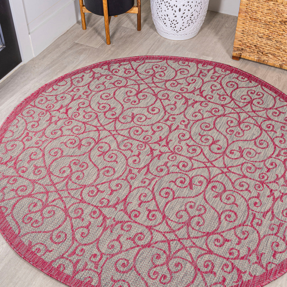 Madrid Vintage Filigree Textured Weave Indoor/Outdoor, Light Gray/Fuchsia, 5' Round