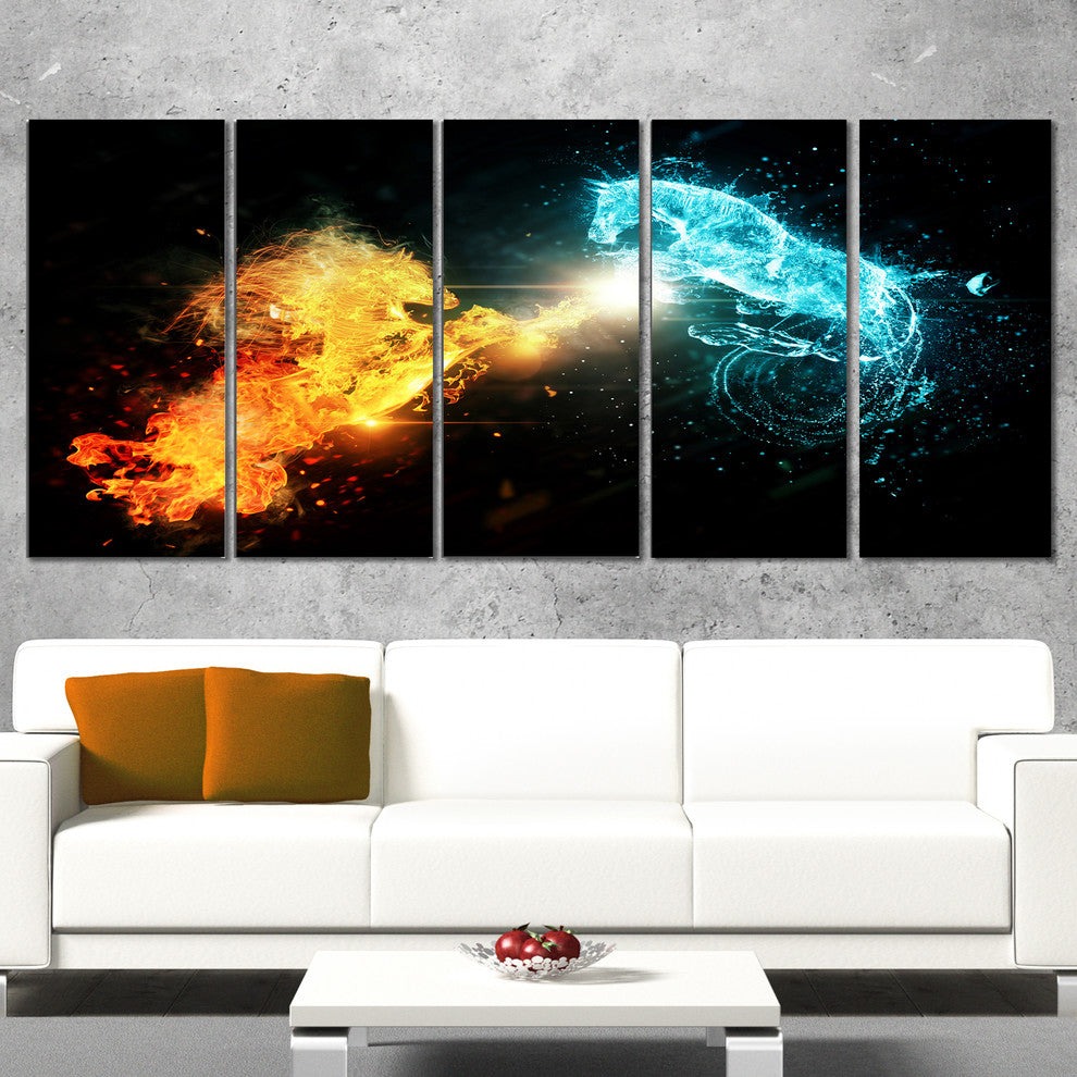 Fire and Water Abstract Horses, Animal Canvas Art Print, 60"x28", 5 Panels