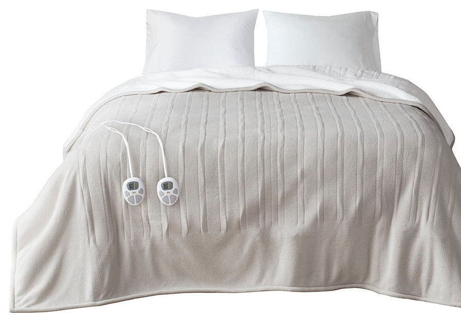 Serta Fleece to Sherpa Heated Fleece and Sherpa Bedding Blanket, Tan