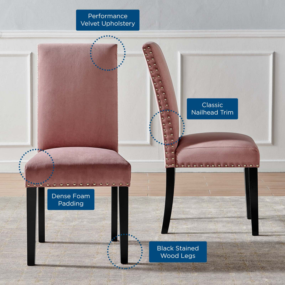 Side Dining Chair, Set of 2, Velvet, Wood, Pink, Modern, Cafe Bistro Restaurant