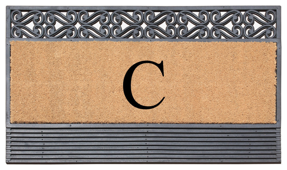 Rosewood Black/Beige 24"x36" Rubber And Coir Monogrammed Doormat, C
