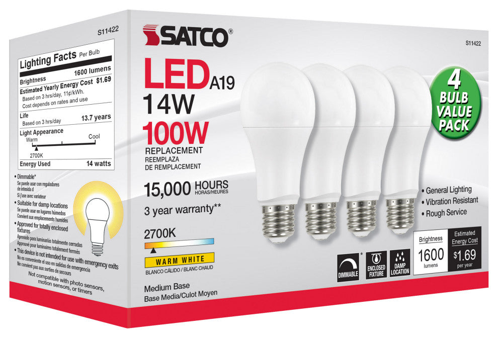 14W A19 LED, 2700K, Dimmable, Medium Base, 230 deg. Beam Angle, 4-Pack