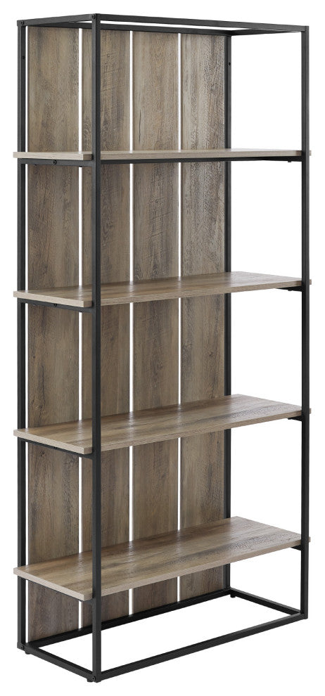 64" Farmhouse Plank Back Bookshelf - Grey Wash/Black Metal