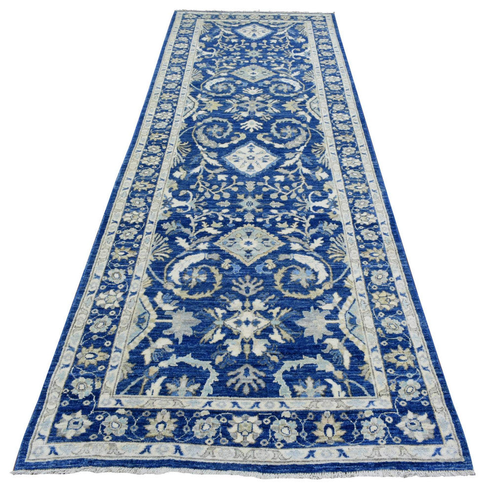 Navy Blue, Fine Peshawar Soft Wool Hand Knotted Wide Runner Rug, 4'0"x11'8"
