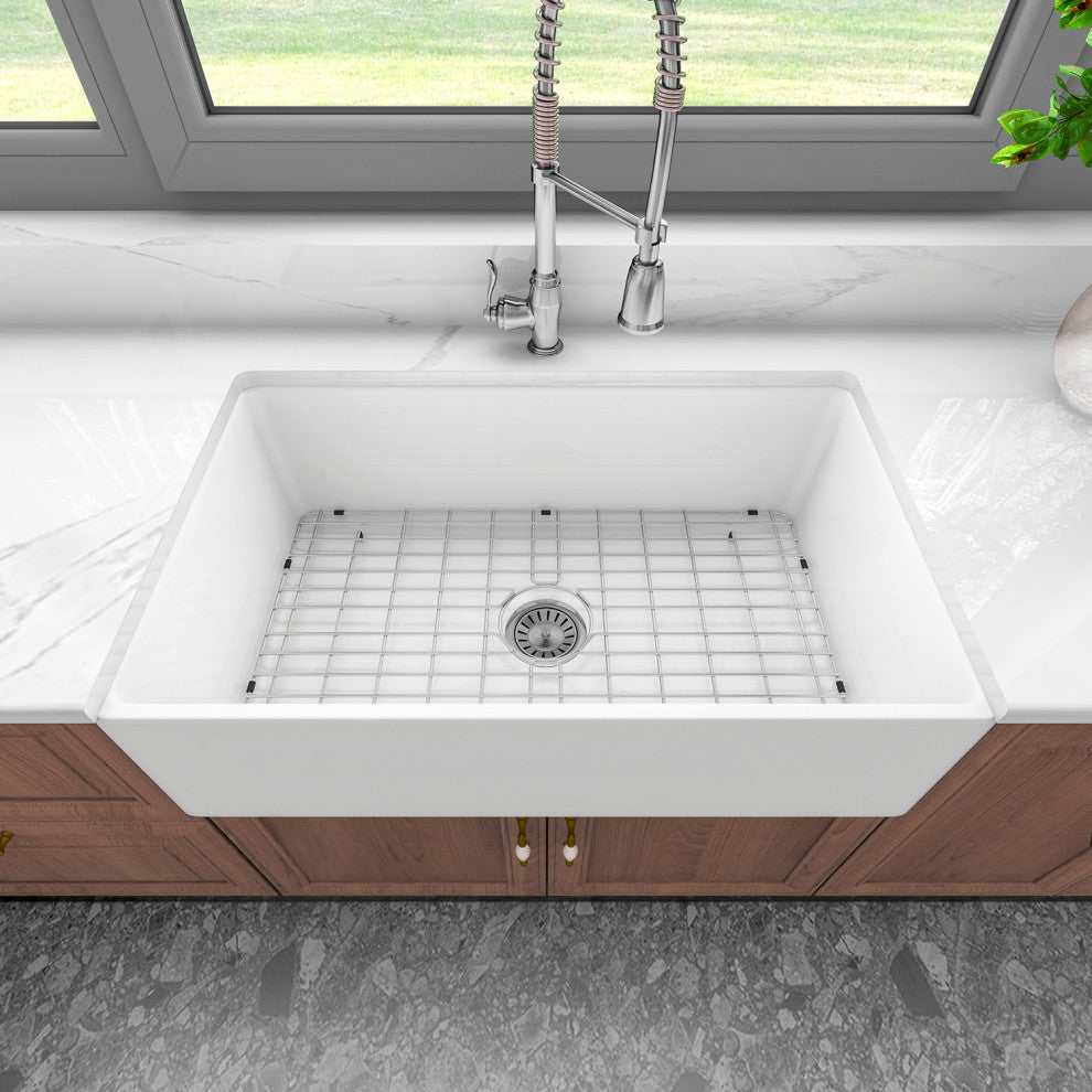 Sinber White Ceramic Double Bowl Apron farmhouse Kitchen Sink With Str, 33"x17"