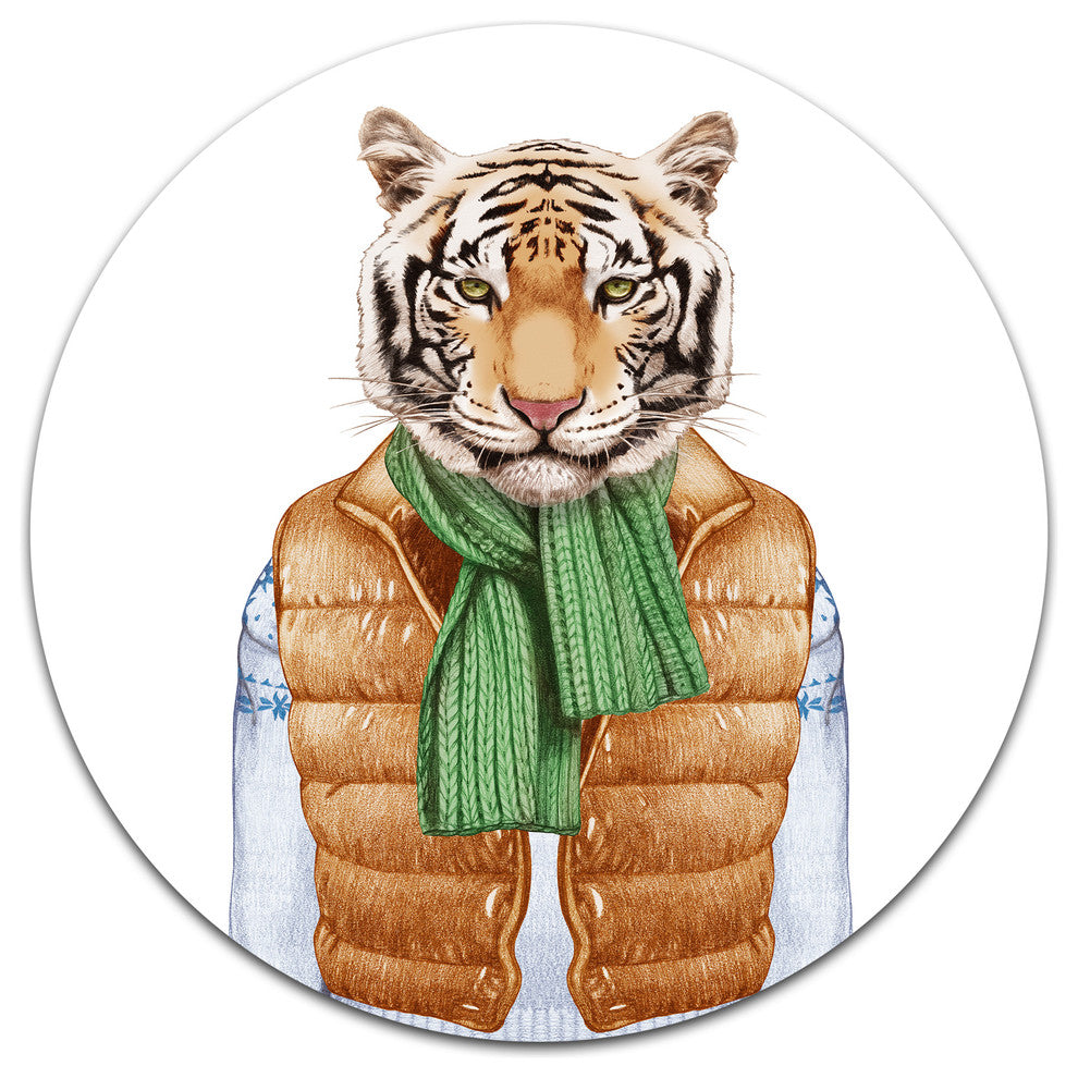 Tiger In Vest And Sweater, Animal Art Round Metal Wall Art, 36"