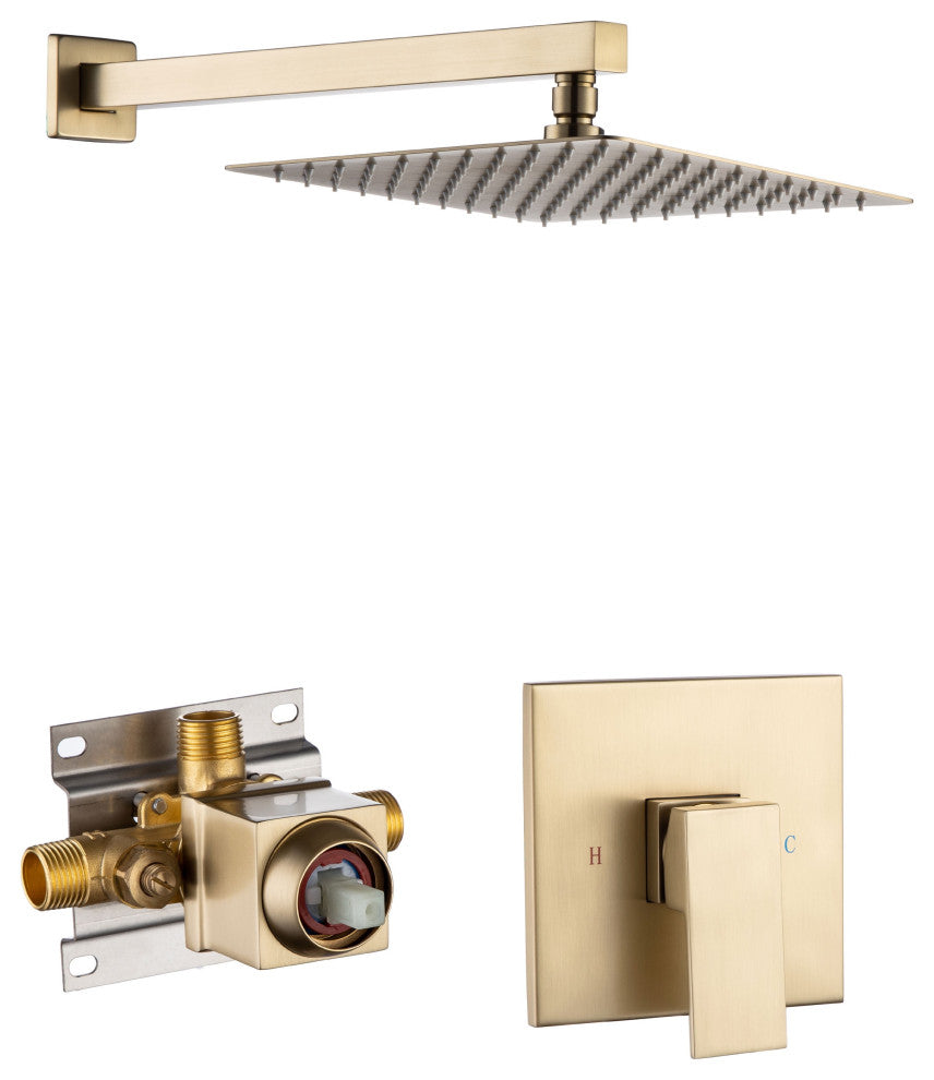 CASAINC 10" Wall Mounted Square Single Shower Head System Set, Brushed Gold