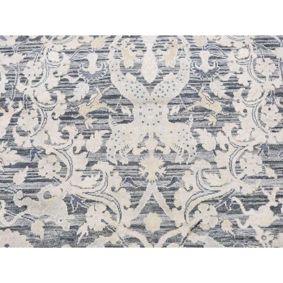 Thunder Gray Hunting Design Silk With Wool Hand Knotted Oriental Rug 4'x6'3"
