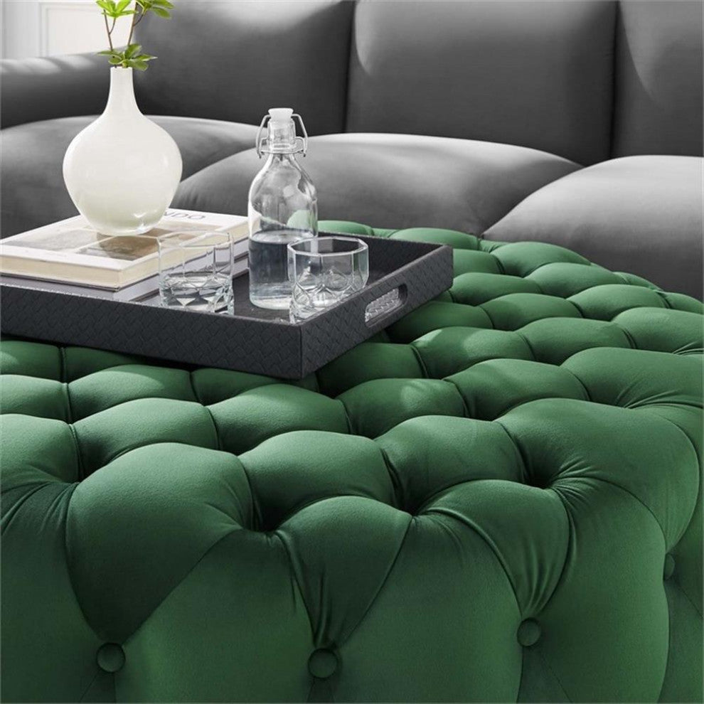 Amour Tufted Button Large Round Performance Velvet Ottoman, Emerald