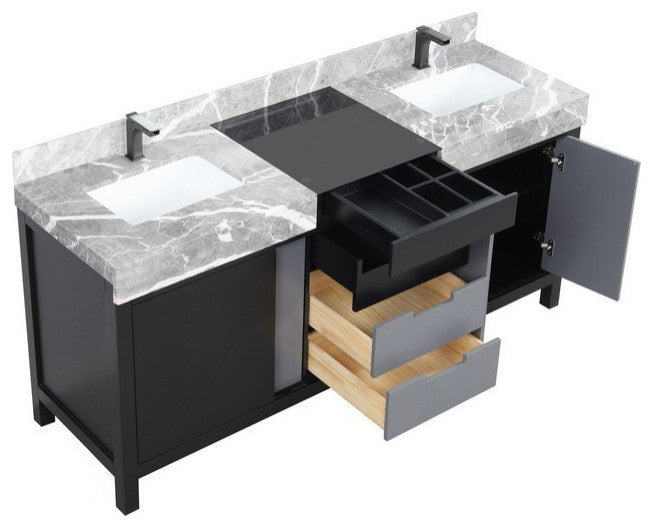 Zilara 72" Black and Grey Double Vanity, Balzani Gun Metal Faucet Set